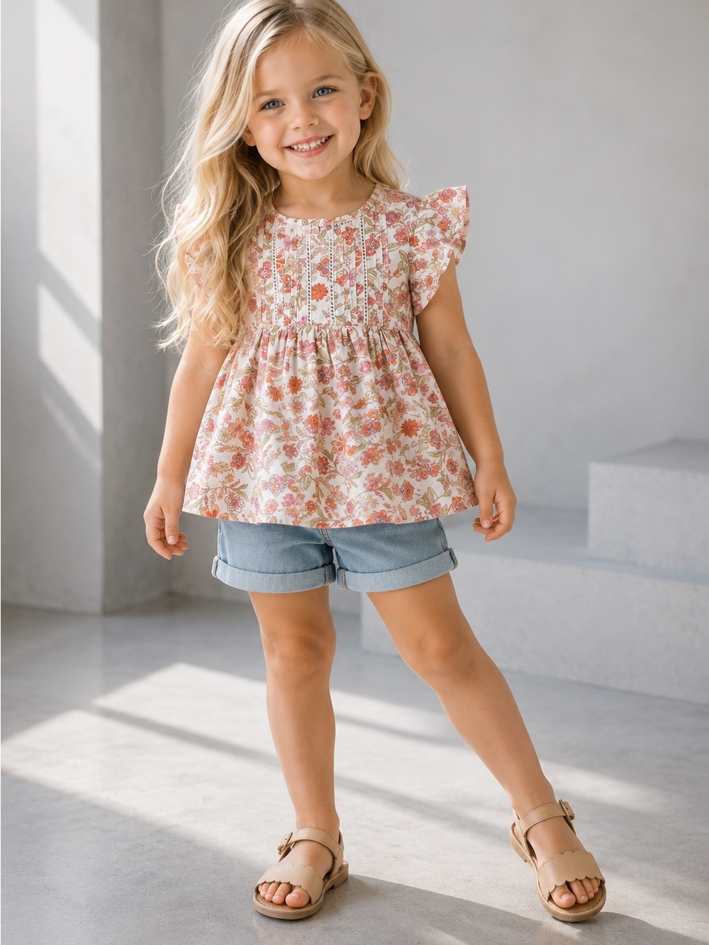 Old Navy Peplum Top Cotton Floral Pintuck Flutter Sleeve 4T‎ Toddler Girl
